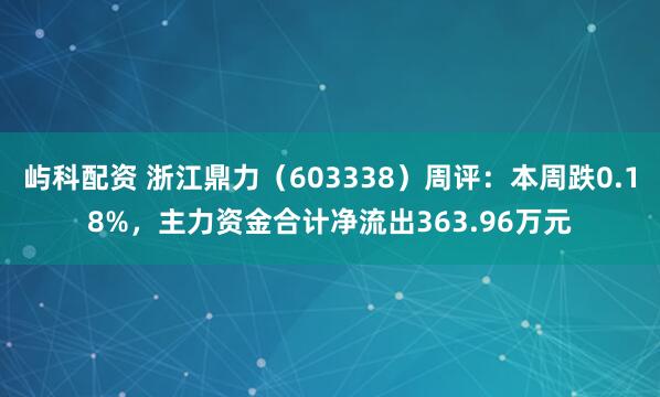 屿科配资 浙江鼎力（603338）周评：本周跌0.18%，主力资金合计净流出363.96万元